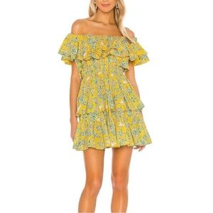 Rhode Dotty Off-the-Shoulder Yellow Green Floral Tiered Ruffle Eden Dress Size M